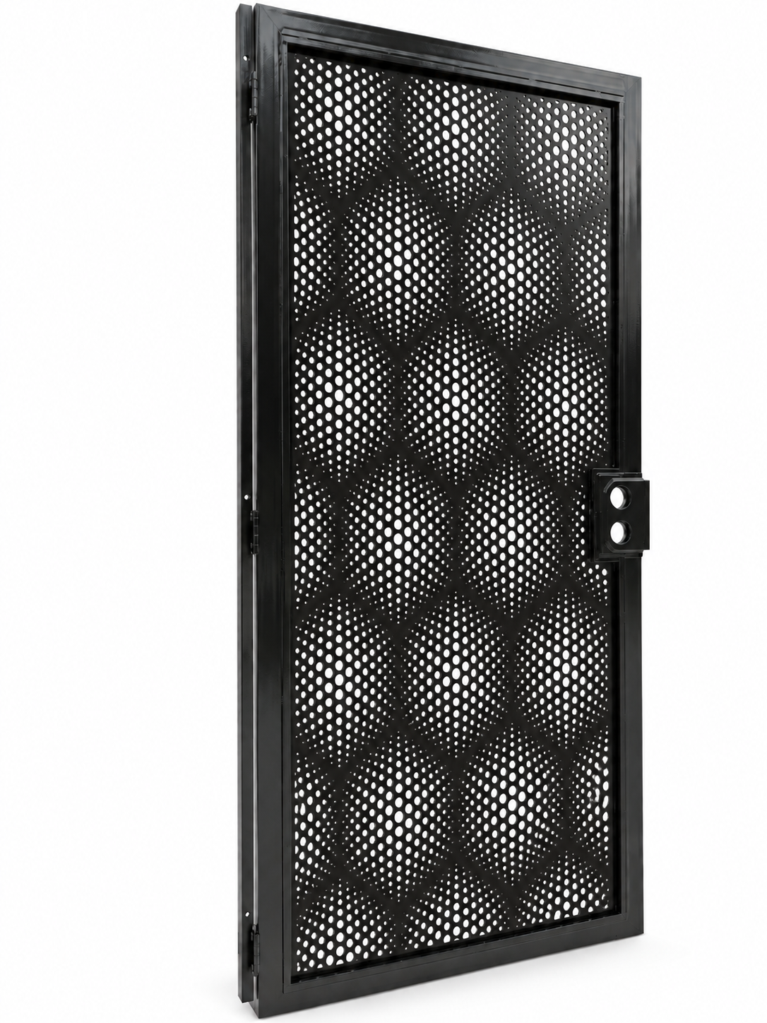 Black metal door concept with graduated circular perforations forming a repeating wave pattern