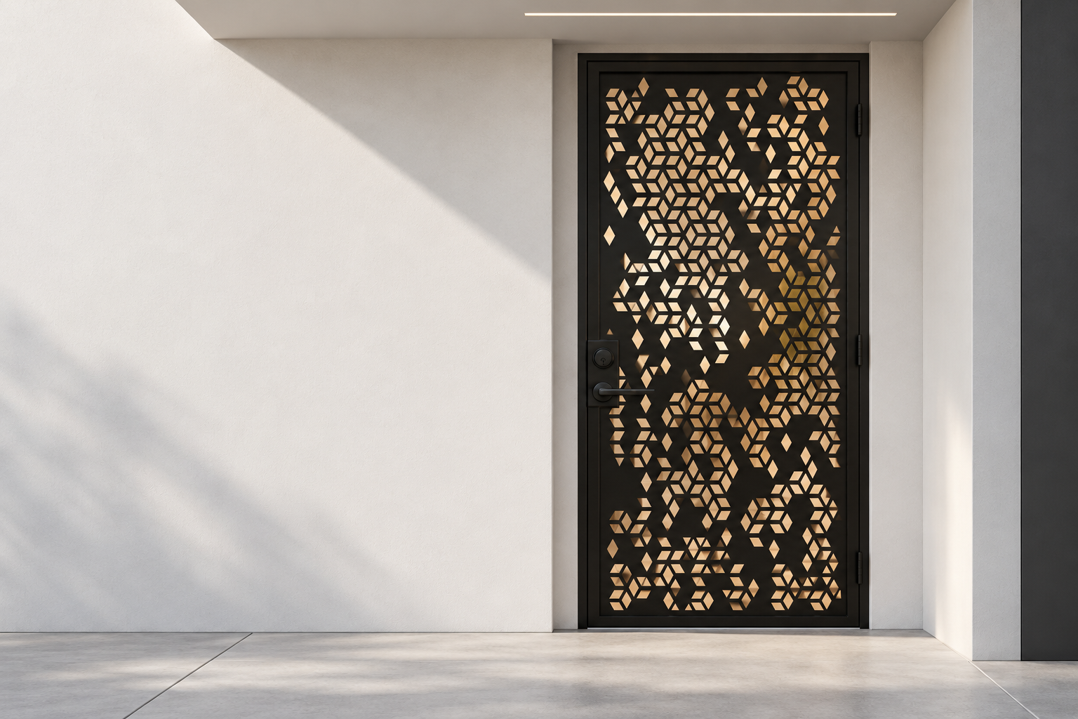 Scavito diamond-pattern black metal door staged in a minimalist modern entrance