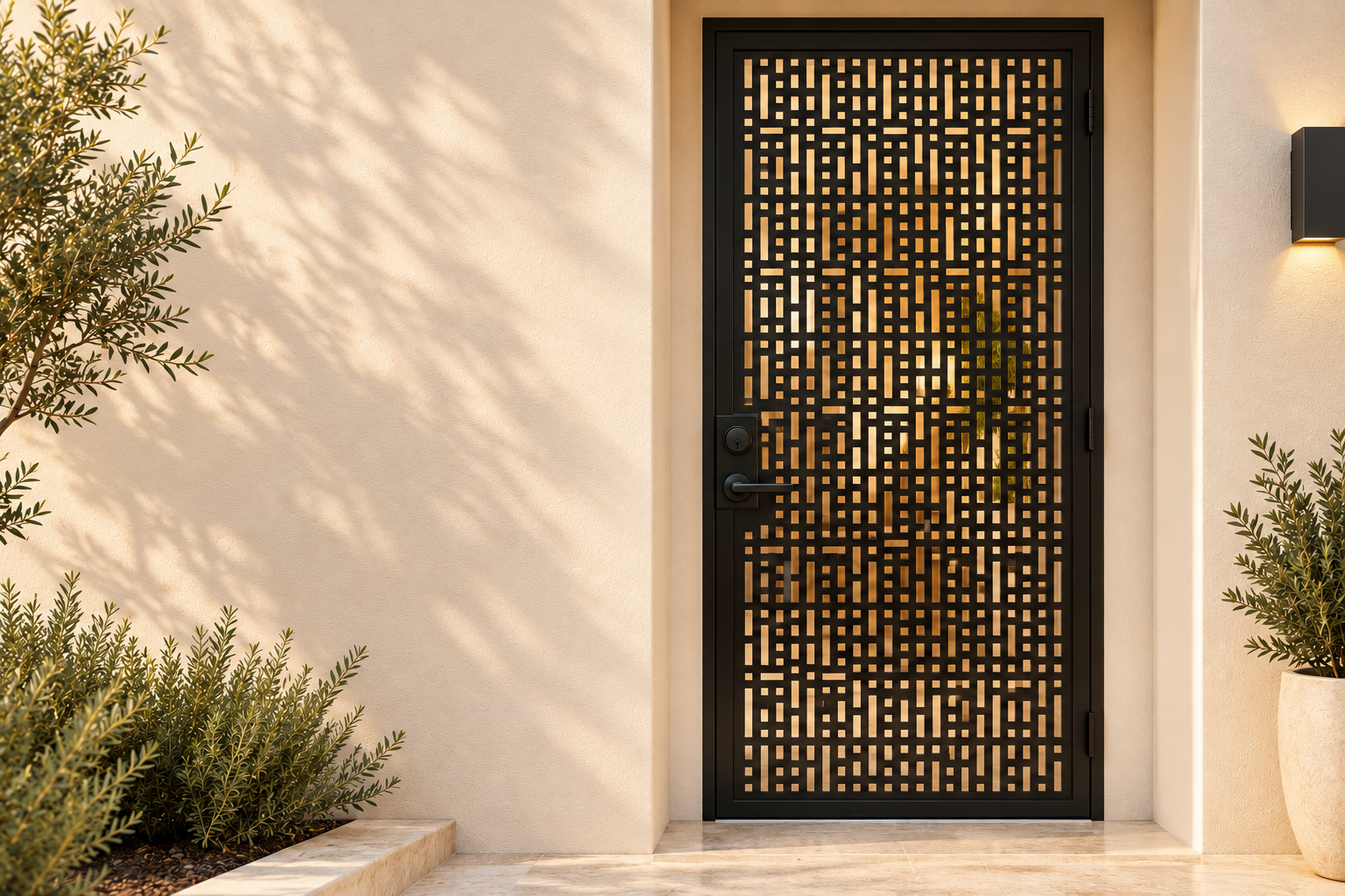 Geometric security door in a continuous warm stucco entrance