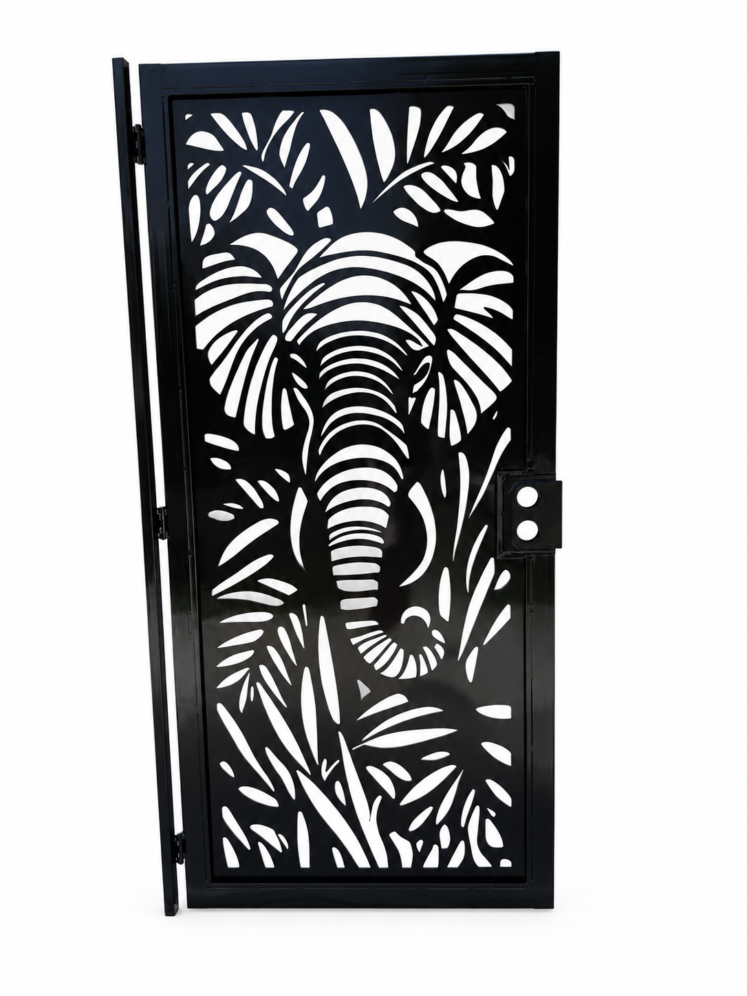 Black metal door with elephant & tropical foliage