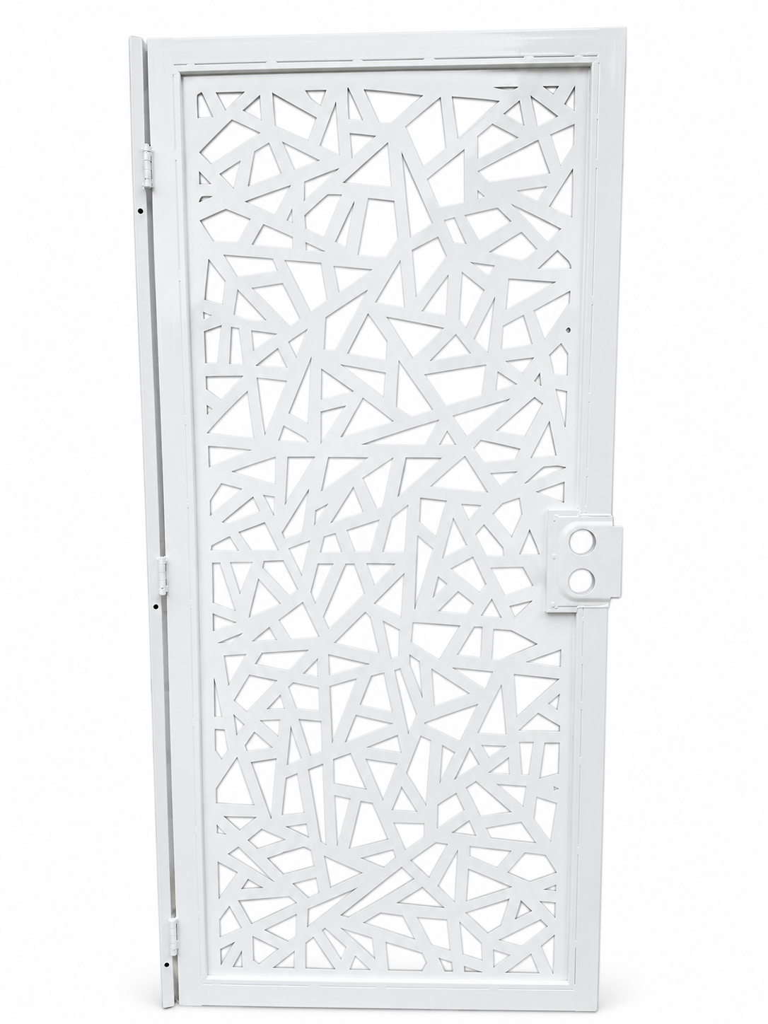 White metal door with abstract angular cutouts