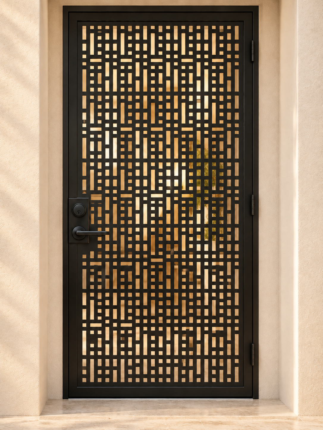 Detailed full-height view of the Geometric door, black metal frame and rectangular cutout pattern