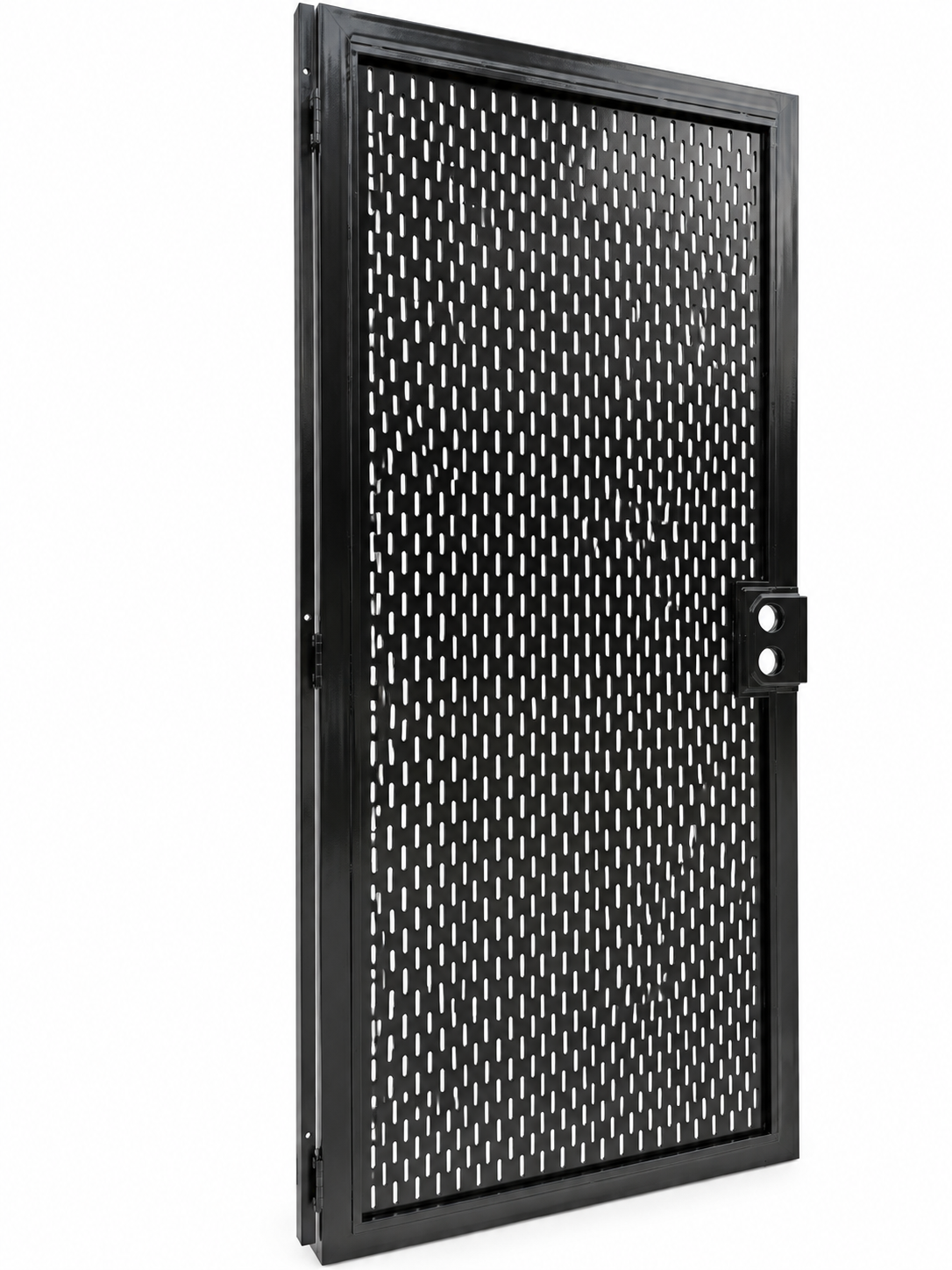 Black metal door with repeating vertical slots