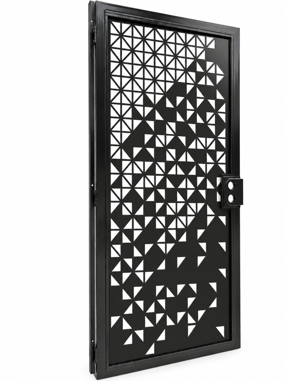 Black metal door concept with triangular lattice and scattered geometric cutouts